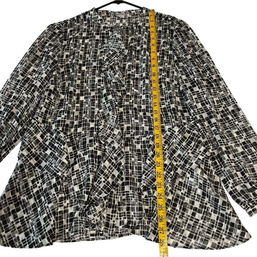 Chicos Black & White Geometric Ruffle Blouse Size 1 = M Sheer Lightweight - Picture 9 of 11